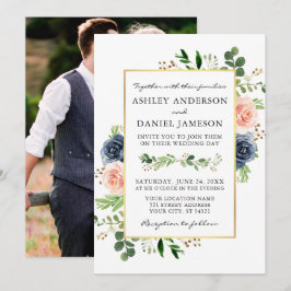 Convites Dusty Blue Watercolor Rosa Foto de Casamento Trase