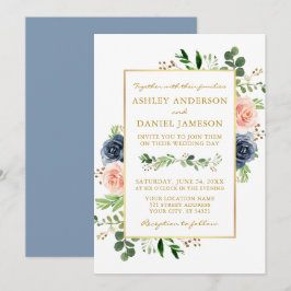 Convites Dusty Blue Watercolor Rosas Casamento Dourado