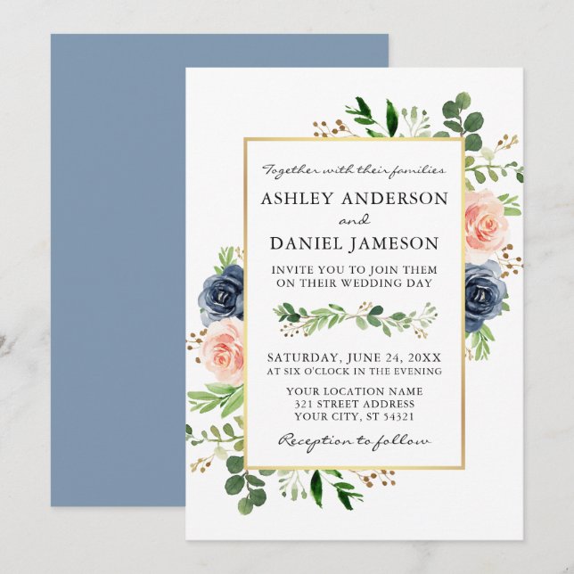 Convites Dusty Blue Watercolor Rosas Greenery Wedding (Frente/Verso)