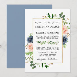 Convites Dusty Blue Watercolor Rosas Greenery Wedding