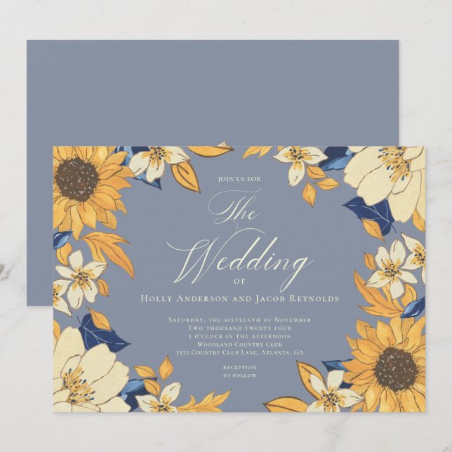 Convites Dusty Blue Watercolor Sunflower Script Casamento I (Frente/Verso)