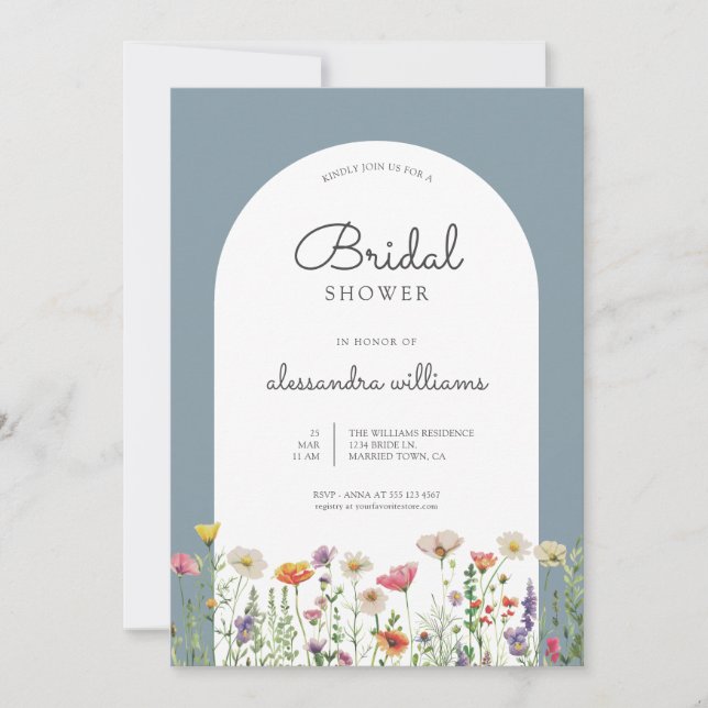 Convites Dusty Blue Watercolor Wildflower Bridal Shower (Frente)