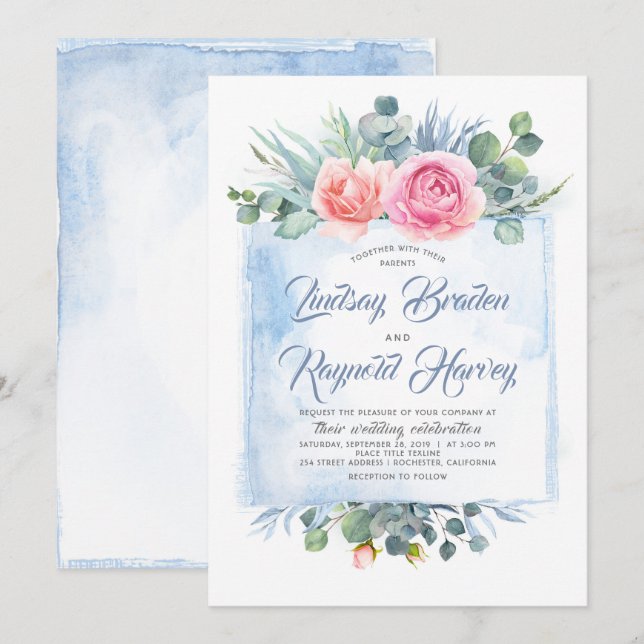 Convites Dusty Blue Wedding | Azul e rosa esmaecido (Frente/Verso)
