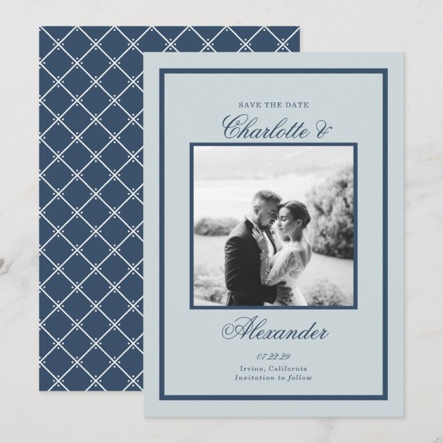 Convites Dusty Blue Wedding Classic Script Save the Date (Frente/Verso)