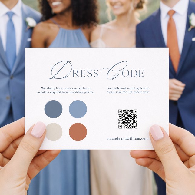 Convites Dusty Blue Wedding Dress Code Card with QR Code (Criador carregado)