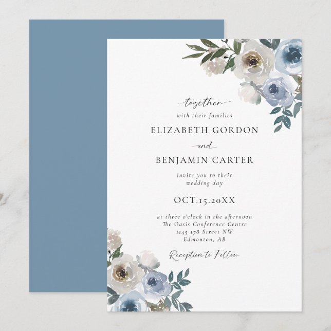 Convites Dusty Blue Wedding Floral Elegante Rustic (Frente/Verso)