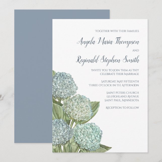 Convites Dusty Blue Wedding Modern Hydrangea Simples (Frente/Verso)