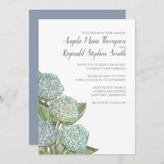 Convites Dusty Blue Wedding Modern Hydrangea Simples (Frente/Verso)