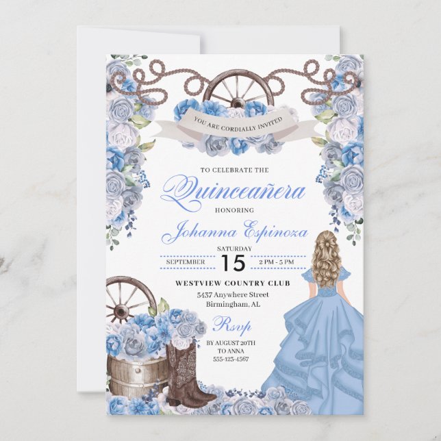 Convites Dusty Blue Western Ranchero Quinceanera (Frente)