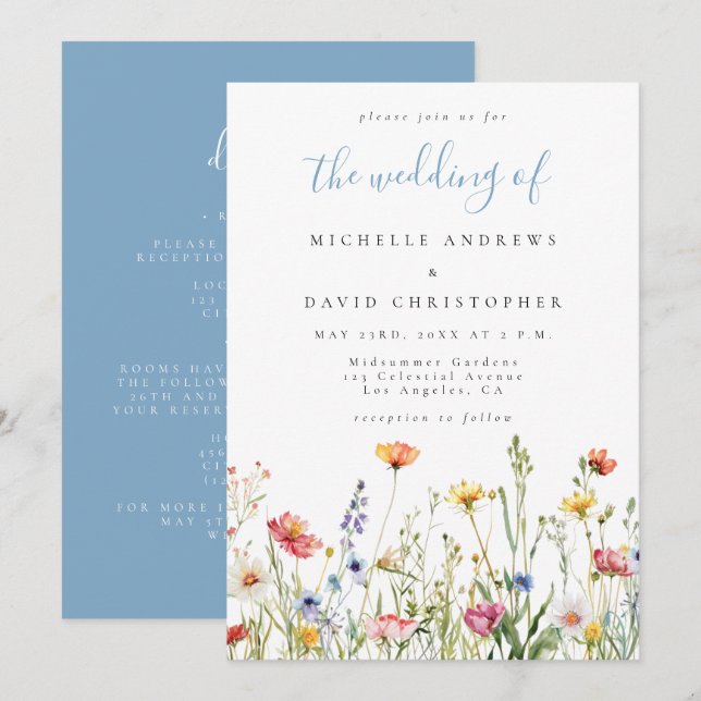 Convites Dusty Blue Whimsical Floral All in One Wedding (Frente/Verso)