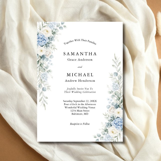 Convites Dusty Blue White Cream Florals Wedding (Dusty blue and cream white watercolor florals modern elegant wedding invitation)