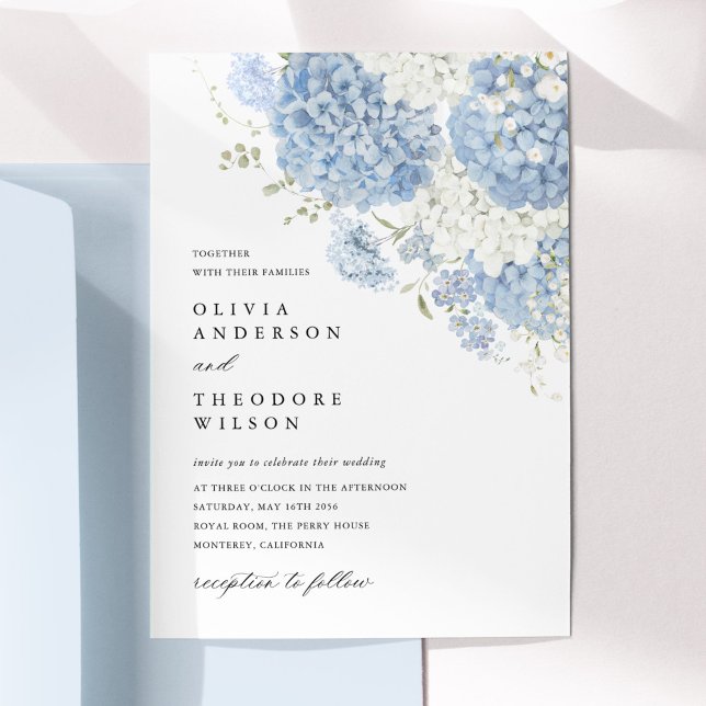 Convites Dusty Blue White Floral Elegant Wedding (Dusty blue white floral wedding invitation, watercolor hydrangea, elegant minimalist flat lay)