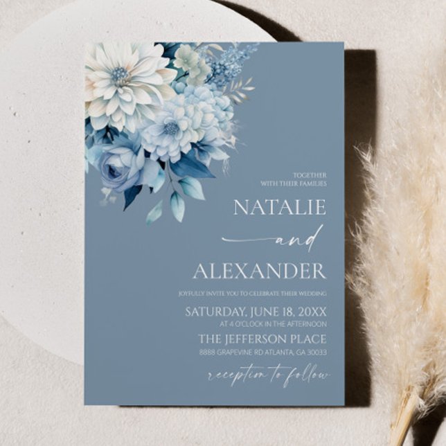 Convites Dusty Blue White Floral Flower Garden Wedding (Criador carregado)