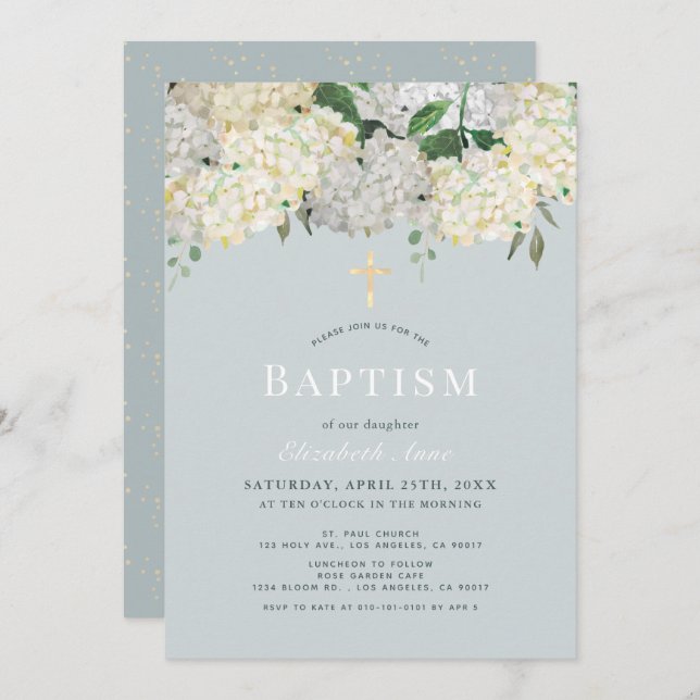 Convites Dusty Blue & White Hydrangea Baptism (Frente/Verso)