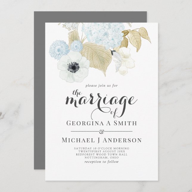 Convites Dusty Blue White Marinho Anemone BUDGET Casamento (Frente/Verso)