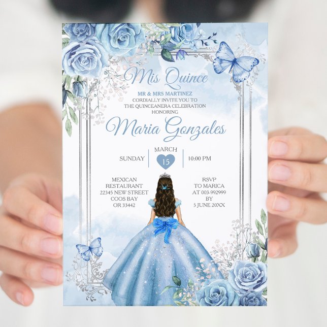 Convites Dusty Blue & White Mis Quince 15 Anos Silver Crown (Criador carregado)