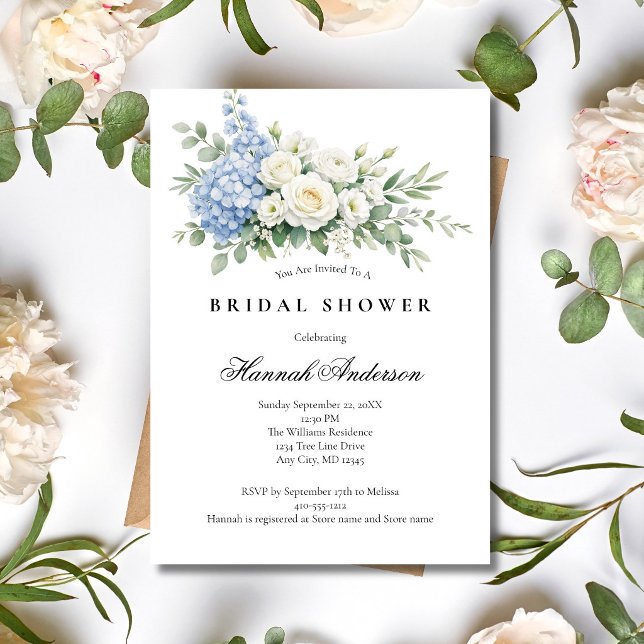 Convites Dusty Blue White Rose Floral Elegant Bridal Shower (Dusty Blue Hydrangea White Roses Watercolor Florals Bridal Shower Invitation, Printed or Digital)