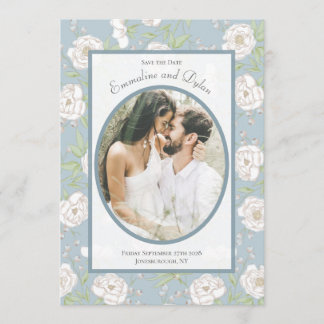 Convites Dusty Blue White Rose Wedding Photo Save the Date