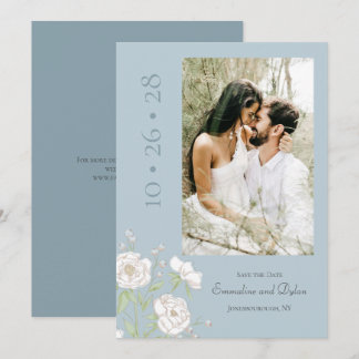 Convites Dusty Blue White Rose Wedding Save the Date