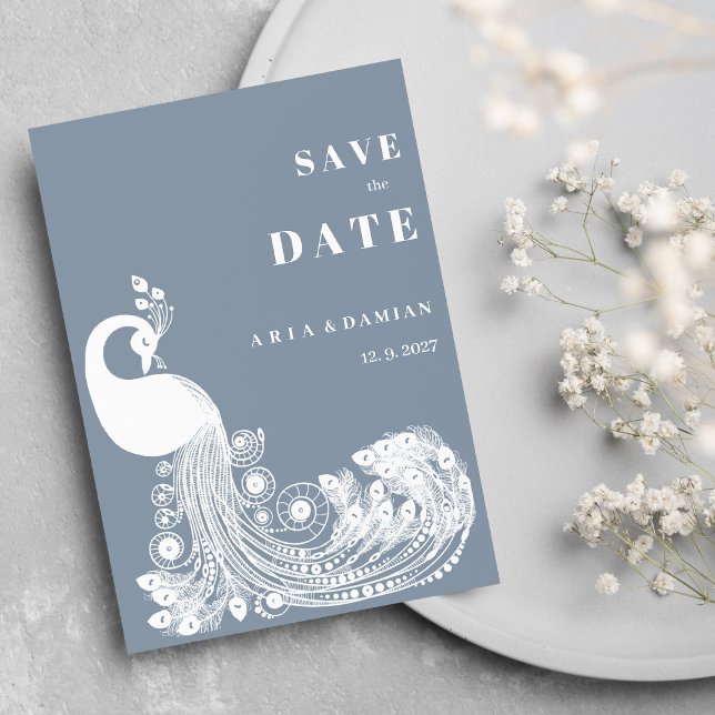 Convites Dusty blue white royal peacock chic Save the Date (Dusty blue white royal peacock chic Save the Date )