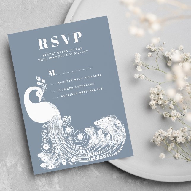 Convites Dusty blue white royal peacock elegant RSVP (Dusty blue white royal peacock elegant RSVP)