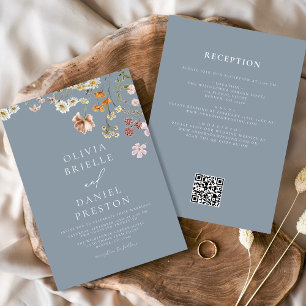 Convites Dusty Blue Wildflower All in One QR Code Wedding