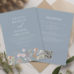 Convites Dusty Blue Wildflower All in One QR Code Wedding