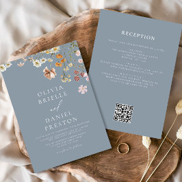 Convites Dusty Blue Wildflower All in One QR Code Wedding