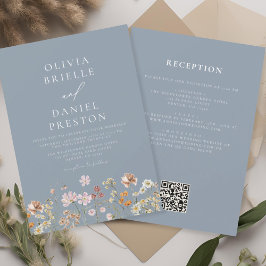 Convites Dusty Blue Wildflower All in One QR Code Wedding