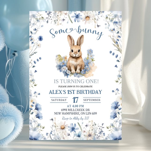 Convites Dusty Blue Wildflower Bunny 1st Birthday (Criador carregado)