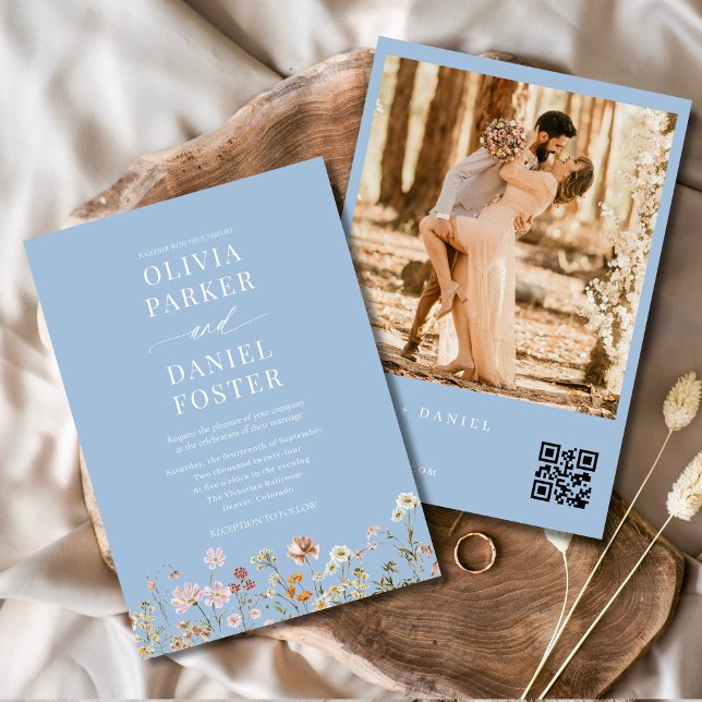 Convites Dusty Blue Wildflower Código QR Foto Boho Casament (Criador carregado)