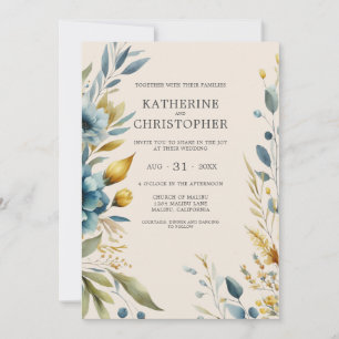 Convites Dusty Blue Wildflower Elegant Beige Wedding
