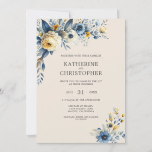 Convites Dusty Blue Wildflower Elegant Beige Wedding