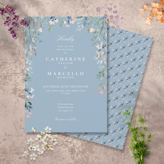 Convites Dusty Blue Wildflower Floral Greenery Casamento (Criador carregado)