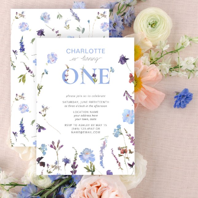 Convites Dusty Blue Wildflower girando um primeiro aniversa (1st Birthday Invitation)