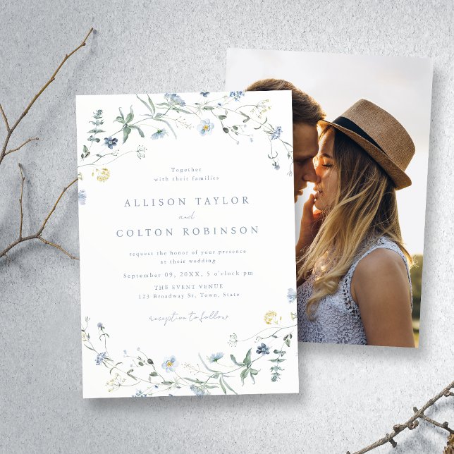 Convites Dusty Blue Wildflower Rustic Boho Foto de Casament (Dusty Blue Wildflower Rustic Boho Wedding Photo Invitation)