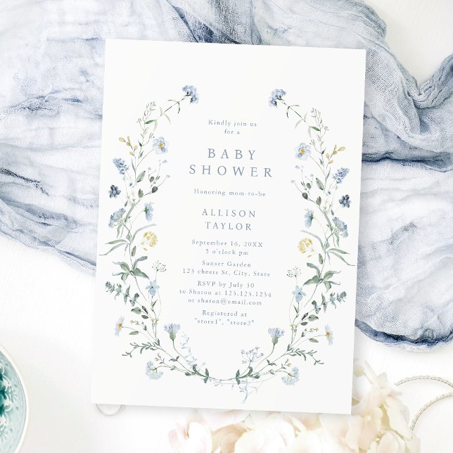 Convites Dusty Blue Wildflower Rustic Chá de fraldas (Dusty Blue Wildflower Rustic Boho Baby Shower Invitation)