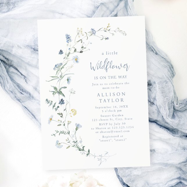 Convites Dusty Blue Wildflower Rustic Chá de fraldas (Dusty Blue Wildflower Rustic Boho Baby Shower Invitation)