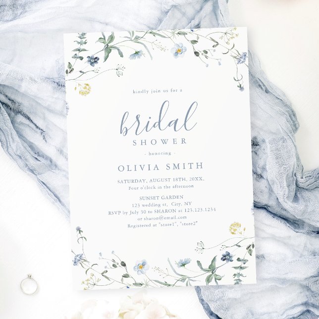 Convites Dusty Blue Wildflower Rustic Chá de panela (Dusty Blue Wildflower Rustic Boho Bridal Shower Invitation)