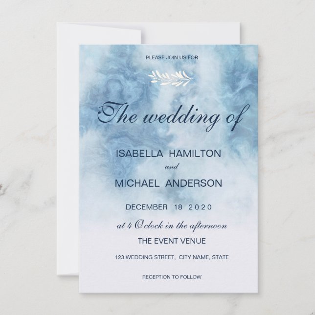 Convites Dusty Blue Winter Script Calliografia White Branch (Frente)