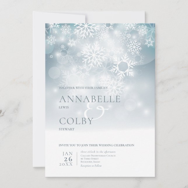 Convites Dusty Blue Winter Snow Modern Wedding (Frente)