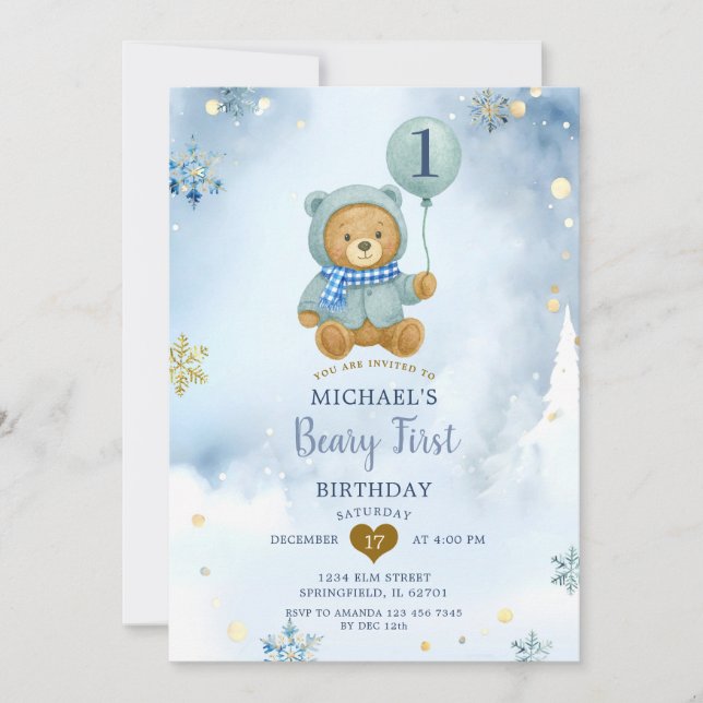 Convites Dusty Blue Winter Snowflake Beary Primeiro Anivers (Frente)