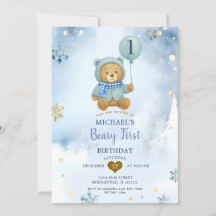 Convites Dusty Blue Winter Snowflake Beary Primeiro Anivers