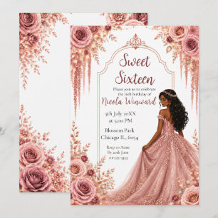 Convites Dusty Blush Rosa e Floral Dourado Sweet Sixteen