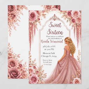 Convites Dusty Blush Rosa e Floral Dourado Sweet Sixteen
