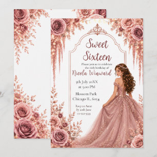 Convites Dusty Blush Rosa e Floral Dourado Sweet Sixteen