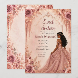 Convites Dusty Blush Rosa e Floral Dourado Sweet Sixteen