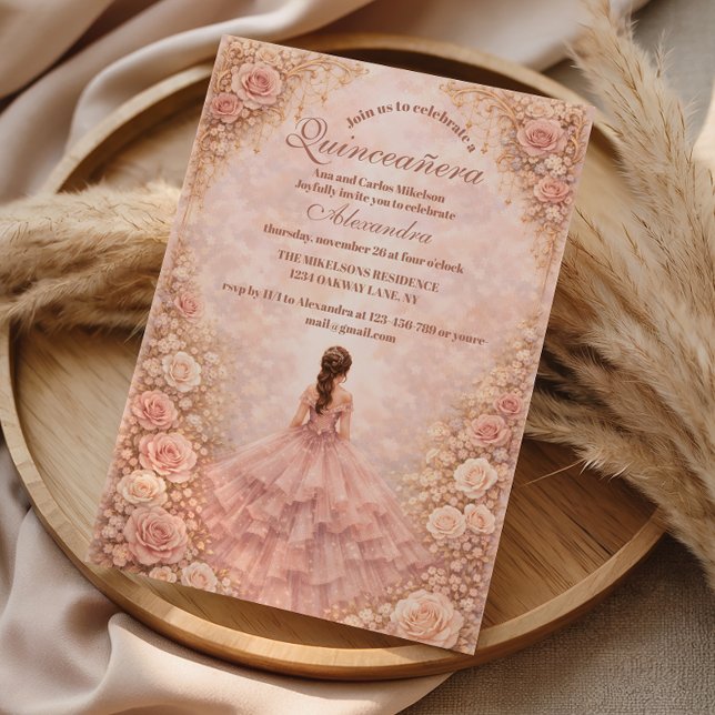 Convites Dusty Blush Rose Garden Quinceañera (Criador carregado)