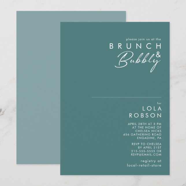 Convites Dusty Boho Green & Blue Brunch e Chá de espuma (Frente/Verso)