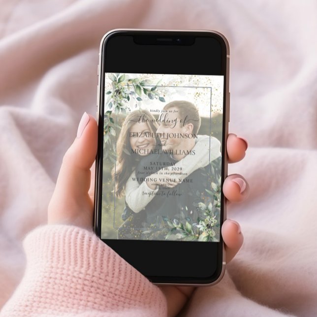 Convites Dusty Botanical Greenery Dourado Foto Vellum Casam (Criador carregado)